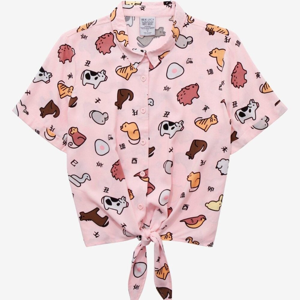 Fruits Basket woven button up shirt with tie front and collar.